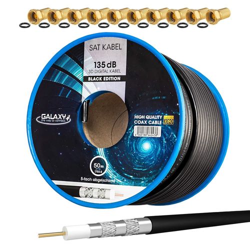 cble SAT coaxial 50m 135db noir + 10x connecteur F plaqu or | Cble d'antenne satellite CCS (acier-cuivre) blind  5 voies pour systmes radio BK DVB-S/S2/T/T2 DAB +