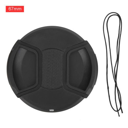 Cache-objectif universel noir pour appareil photo reflex numerique, pincement central avec cordon anti-perte, 67 mm