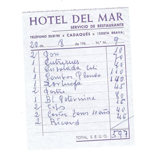 Cadaques Espagne Espana Hotel Del Mar Restaurante - Facture De 1964 ?