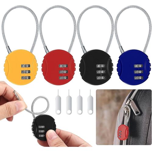 Cadenas  Combinaison 4 Pices, Petit Cadenas  Code  Cble, Cadenas De Scurit  Combinaison Rinitialisable  3 Chiffres Pour Valise, Sac De Voyage, Casier, Avec 4 Codes