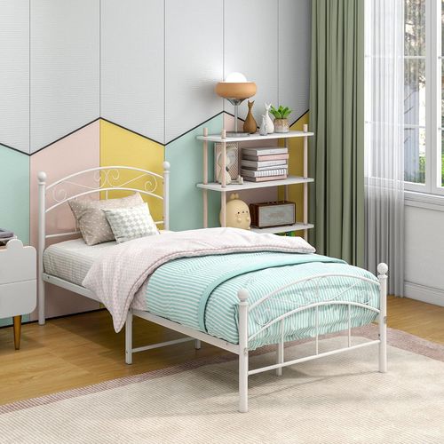 Cadre De Lit Simple Avec Tte Et Pied De Lit En Mtal, Style Moderne, Plateforme De Lit En Acier, Sommier  Lattes Trs Rsistantes, Remplacement 90x190cm (Texture Blanche)