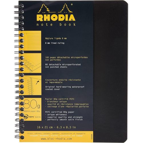 Cahier  Spirale (Reliure Intgrale) Notebook Noir - A5+ 16 X 21 Cm- Lign - 160 Pages Dtachables - Papier 80 G/M - Couverture En Carte Enduite Souple Et Rsistante