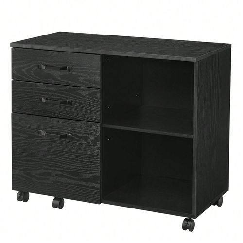 Caisson, Support D'imprimante Bureau, Avec 3 Tiroirs, Compartiments Ouverts, Pour Format A4, Documents, Style Industriel, Noir Bois