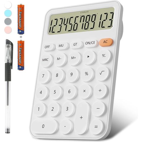 Calculatrices Taille De Bureau 15,9 * 10,6 Cm, Decklit Batterie Calculatrice De Bureau  12 Chiffres Grand cran Clairement, Grande Calculatrice De Bureau Grandes Touches(Blanc)