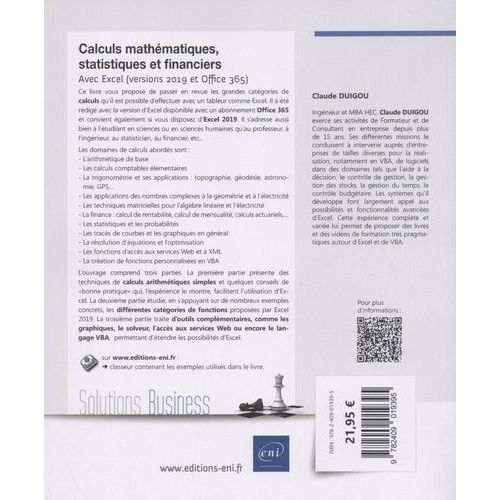 Calculs Mathmatiques, Statistiques Et Financiers - Avec Excel (Versions 2019 Et Office 365)   de Duigou Claude  Format Beau livre 