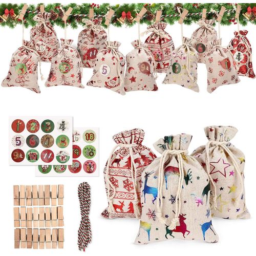 Calendriers De L'avent,24pcs Diy Sachets En Jute Pour Calendrier De L'avent  Remplir,Surprise Nol Sachets De Confiserie Calendriers De Nol