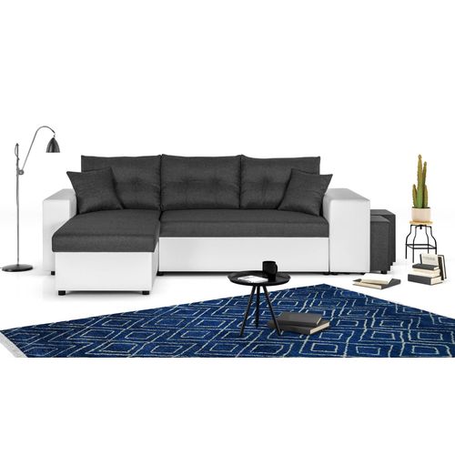 California - Canap D'angle Rversible - Convertible Avec Coffre Et tagre De Rangement - En Simili Et Tissu Couleur - Blanc / Gris