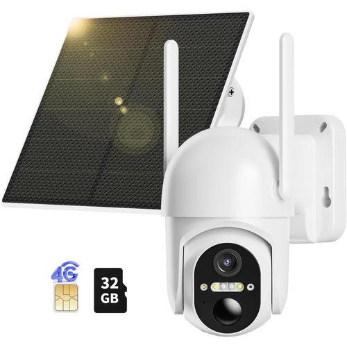Camra De Surveillance Extrieure 4g Lte - Batterie Avec Carte Sim Et Carte Mmoire De 32 Go Camra Ptz Solaire Sans Fil 2k - Sans Wi-Fi - Pivote  355/100 - Vision Nocturne Co[Cam6260570]
