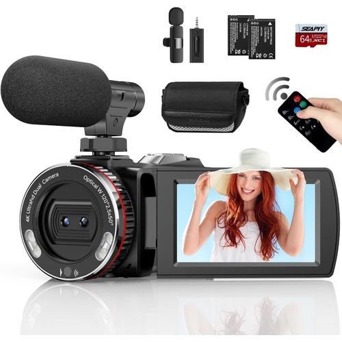 Camscope 4K, camra de vlogging 64 MP 60 fps avec microphone sans fil pour YouTube, cran rabattable ultra HD de 7,6 cm, zoom numrique 21x avec carte SD de 64 Go, tlcommande et 2 piles.[G1310]