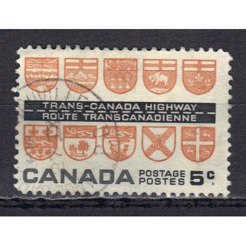 Canada 1962 : Inauguration De La Route Transcanadienne : Armoiries Des Dix Provinces - Timbre 5 C. Noir Et Brun-Jaune Oblitr