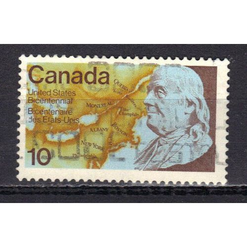 Canada 1976 : Bicentenaire De L'indpendance Des Etats-Unis : Benjamin Franklin Sur Ancienne Carte De L'amrique Du Nord Britannique - Timbre 10 C. Oblitr