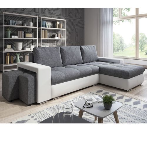 Canap Angle Convertible Simon Blanc / Gris + 2 Poufs