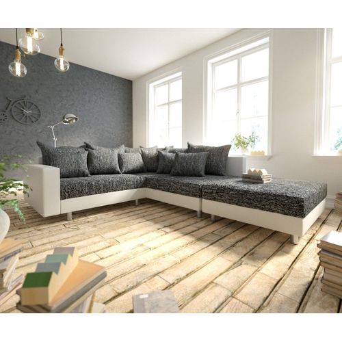 Canap-D'angle Clovis Canap Modulable Blanc Noir Avec Tabouret Et Accoudoirs Poufs Droite