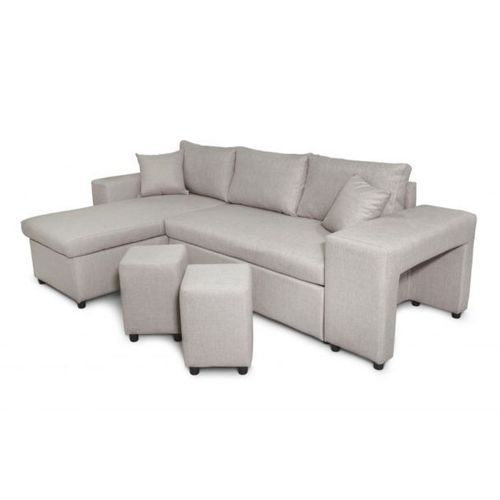 Canap D'angle Mady Convertible Avec Coffre, Accoudoir tagre Et Poufs En Tissu - Beige, Position Du Rangement Poufs - Droit