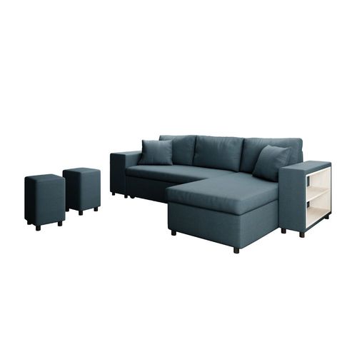 Canap D'angle Mady Convertible Avec Coffre, Accoudoir tagre Et Poufs En Tissu - Bleu, Position Du Rangement Poufs - Gauche