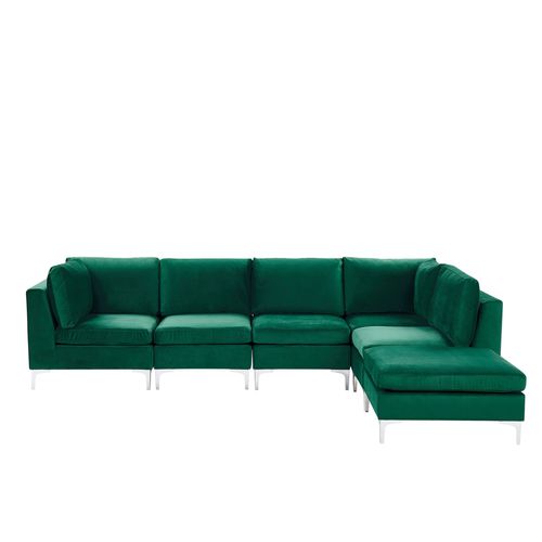 Canap Angle Modulable Ct Gauche En Velours Vert 5 Places Avec Pouf Evja