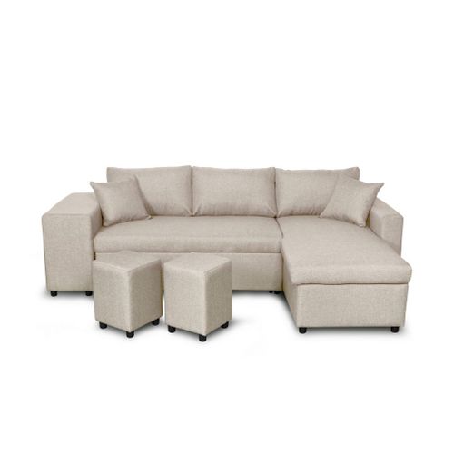 Canap D'angle Oslo Convertible Avec Coffre Et Poufs En Tissu - Beige, Position Du Rangement Poufs - Gauche
