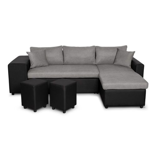 Canap D'angle Oslo Convertible Avec Coffre Et Poufs En Tissu Et Simili - Gris / Noir, Position Du Rangement Poufs - Gauche