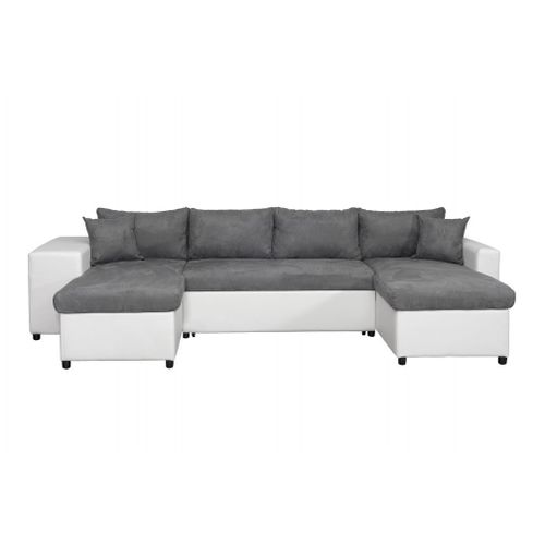Canap D'angle Panoramique Oslo Convertible Avec Coffres Et Poufs En Simili Et Microfibre - Blanc / Gris, Position Du Rangement Poufs - Gauche