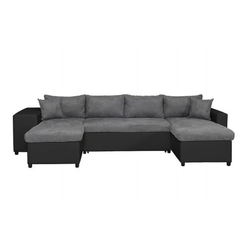 Canap D'angle Panoramique Oslo Convertible Avec Coffres Et Poufs En Simili Et Microfibre - Gris / Noir, Position Du Rangement Poufs - Gauche