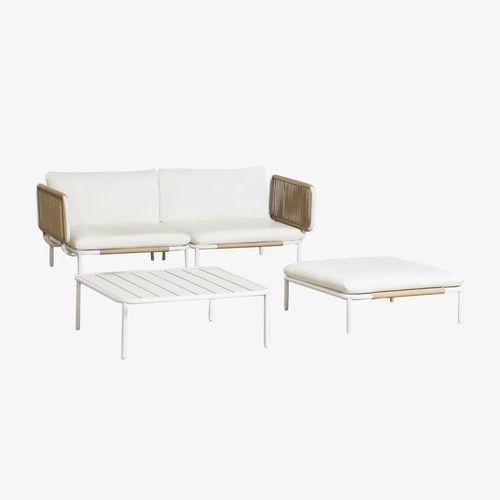 Canap De Jardin Modulable 2 Pices Avec 2 Fauteuils D'angle, Pouf Et Table Basse Roubly Beige Amande