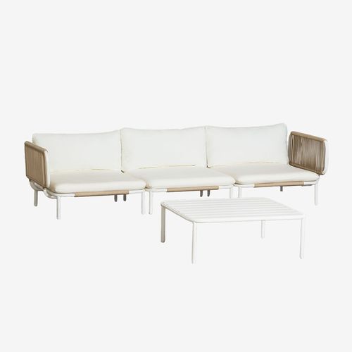 Canap De Jardin Modulable 3 Pices Avec 2 Fauteuils D'angle Et Table Basse Roubly Beige Amande