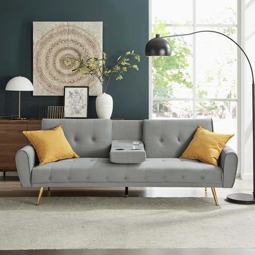 Canap Droit Convertible 3 Places En Velours Gris Clair