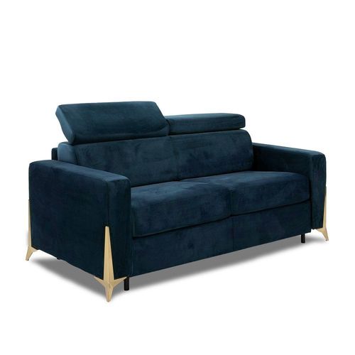 Canap Express Odacio Convertible Sommier Lattes 140cm Ttires Rglables Matelas 16cm Pieds Dors Velours Bleu Nuit