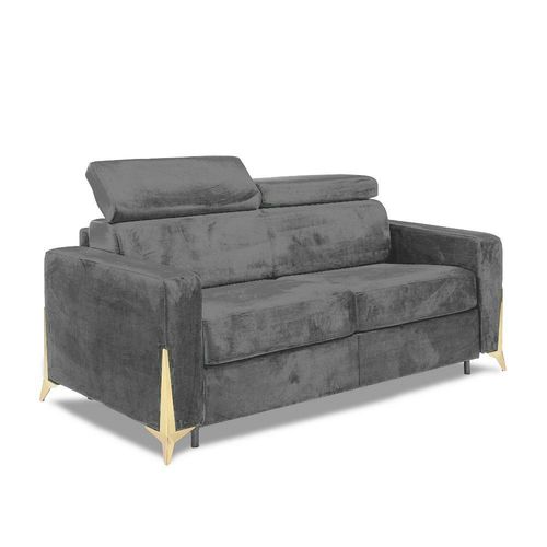 Canap Express Odacio Convertible Sommier Lattes 140cm Ttires Rglables Matelas 16cm Pieds Dors Velours Gris