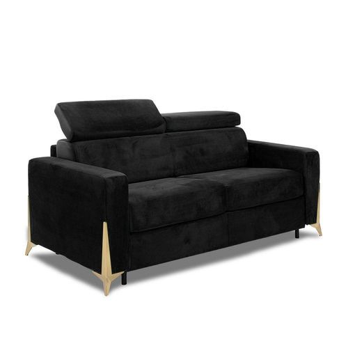 Canap Express Odacio Convertible Sommier Lattes 140cm Ttires Rglables Matelas 16cm Pieds Dors Velours Noir