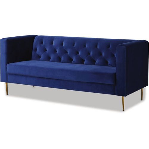Canap Fixe En Velours Bruce - 196 X 76 X 82 Cm - 3 Places - Bleu Fonc