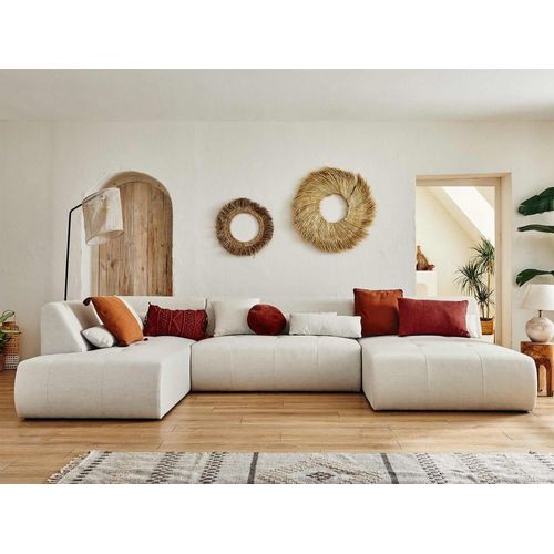 Canap Panoramique 7 Places Angle Gauche En Tissu Beige