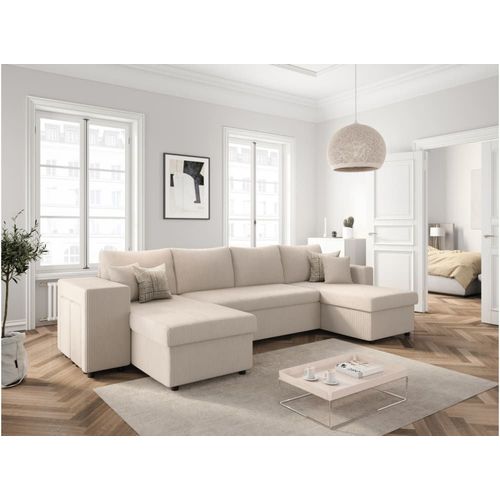 Canap Panoramique Avec 2 Poufs Gauche En Velours Ctel - Beige