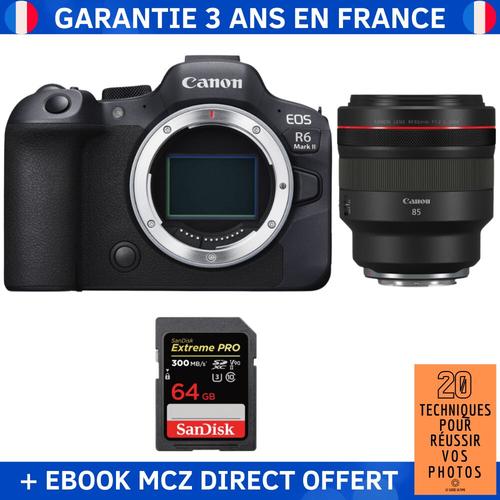 Canon EOS R6 Mark II + RF 85mm f/1.2 L USM + 1 SanDisk 64GB Extreme PRO UHS-II SDXC 300 MB/s + Ebook '20 Techniques pour Russir vos Photos' - Appareil Photo Hybride