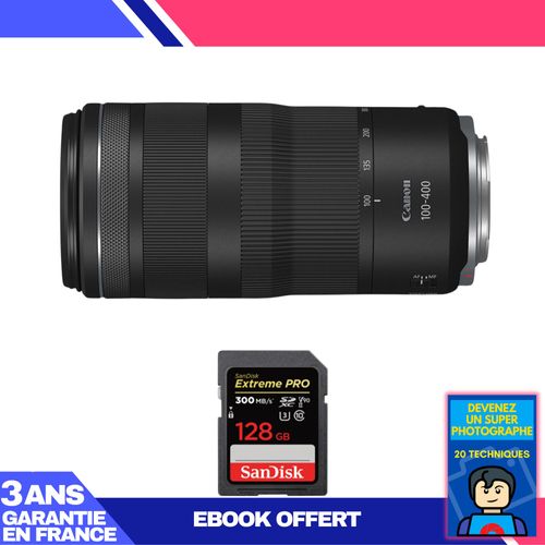 Canon RF 100-400mm f5.6-8 IS USM + 1 SanDisk 128GB Extreme PRO UHS-II SDXC 300 MB/s + Ebook 'Devenez Un Super Photographe'