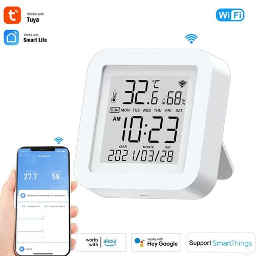 Capteur De Temprature Et D'humidit, Wifi Tuya, Pour Maison Intelligente, Contrle  Distance Avec Support D'affichage Alexa Google Assistant