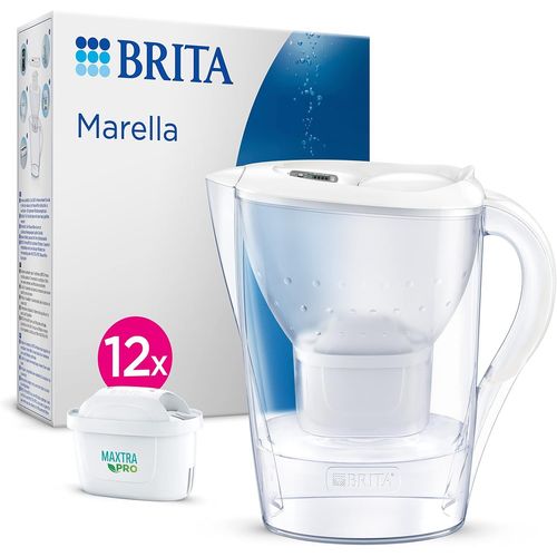 Carafe Filtrante Marella Blanche(2,4l) Incl 12 Cartouches Filtrantes Eau Robinet Maxtra Pro All-In-1 Rduit Pfas,Calcaire, Chlore,Certaines Impurets Et Mtaux Indicateur Temporel,co-Emballage