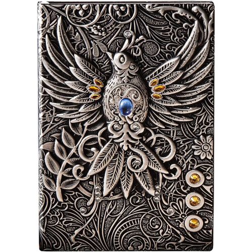 Carnet De Notes A5 Lign 200 Pages, Cahier De Voyage Cuir Vintage, Couverture Rigide, Beau Intime Notebook Lined, Fait  La Main, Ancien, Cadeau Enfant Adulte, Phnix1 Magique, Argent