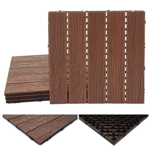 Carrelage En Wpc Hwc-E19, Aspect Bois Pour Balcon/Terrasse, Structure 3d   Brun Fonc, 4x Chaque 50x50cm = 1m