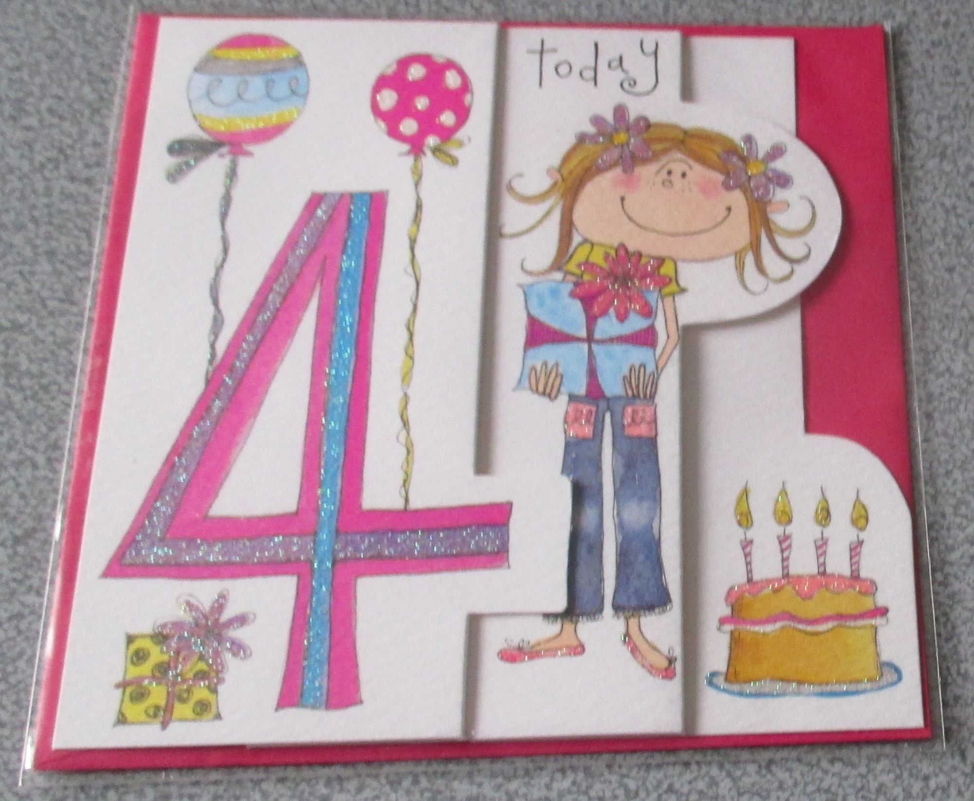 Carte Anniversaire Paillettee Pour Fille 4 Ans Se Deplie En 3 Parties Avec Des Ballons Et Un Gros Gateau Inscription Anglaise 4 To Day 13x13cm Rachel Ellen Designs Avec Enveloppe Rouge Sous Cellophane Rakuten