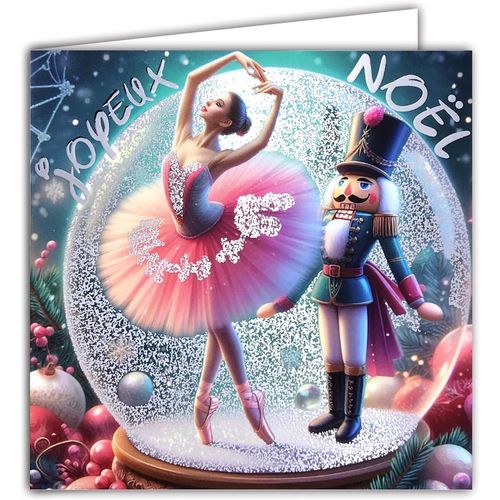 Carte Carre Joyeux Nol Boule  Neige Argente Brillante Avec Enveloppe Carre Blanche Format 15x15cm - Ballerine Danseuse toile Tutu Rose Et Soldat De Bois Casse-Noisette