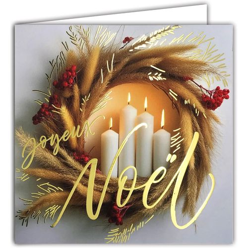 Carte Carre Joyeux Nol Dor Brillant Avec Enveloppe Carre Blanche Format 15x15cm - Couronne De Gramines Baies Rouges Et 4 Bougies De L'avent Allumes - Intrieur Blanc