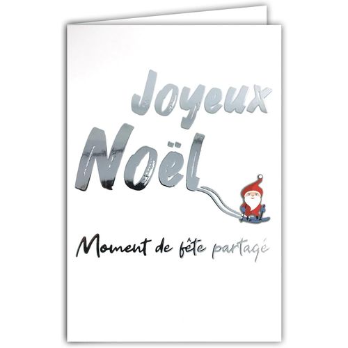 Carte Joyeux Nol Moment De Fte Partag Argent Brillant Et Enveloppe Blanche Format 12x17,5cm - Petit Pre-Nol Qui Fait Du Ski De Fond Dans La Neige