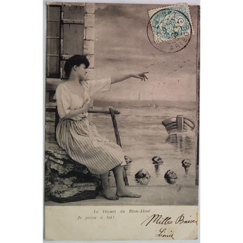 Carte Postale Ancienne, France, Jeune Femme Sur Le Port, Dpart Du Bien Aim