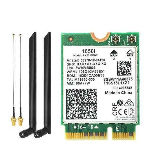 Carte WiFi 1650i AX201NGW + antenne 2x8DB 3000Mbps WIFI6 2.4G / 5G Cnvio2 adaptateur WiFi Bluetooth 5.1 pour Win10 / Win11