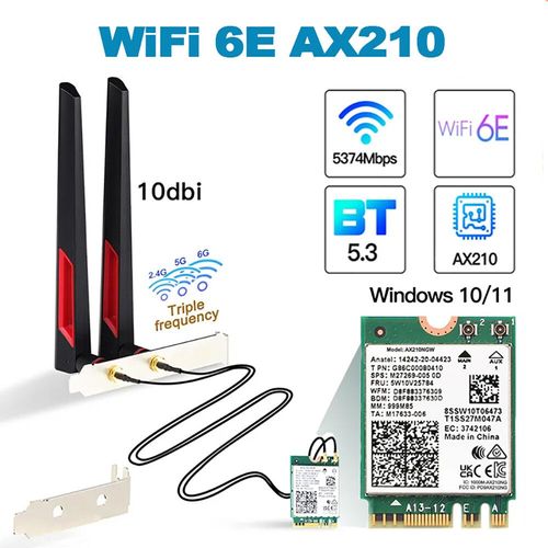 Carte WiFi Wi-Fi 6E AX210 5374Mbps,adaptateur Bluetooth 5.3,Kit de bureau 2 en 1,antennes 10DBi 802.11ax 2.4G/5Ghz/6Ghz pour PC - Type With 10DB Antenna
