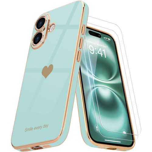 Case Compatible With Iphone 16 + 2 Screen Protector,Girl Case,Electroplated Camera Protective Case For Iphone 16,Aqua Pearl