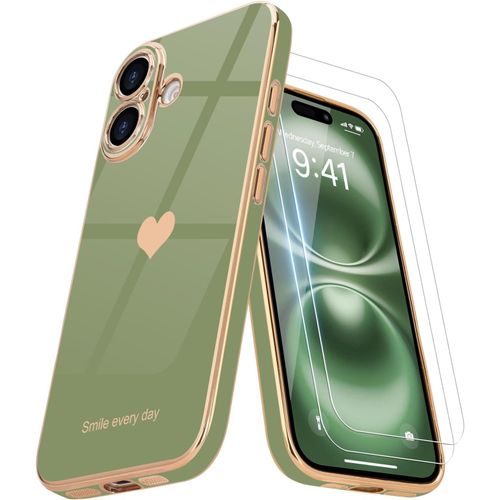 Case Compatible With Iphone 16 + 2 Screen Protector,Girl Case,Electroplated Camera Protective Case For Iphone 16,Light Green