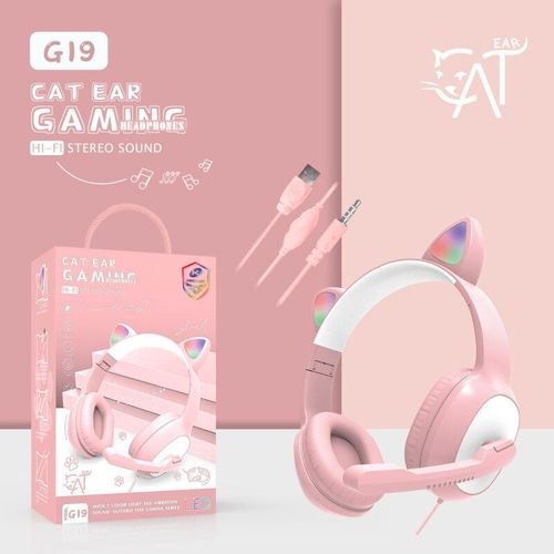 Casque d'coute de jeu  oreilles de chat rose G19, 1 pice, avec micro, rduction de bruit ENC, rvb filaire, pratique et pliable, nouveau produit
