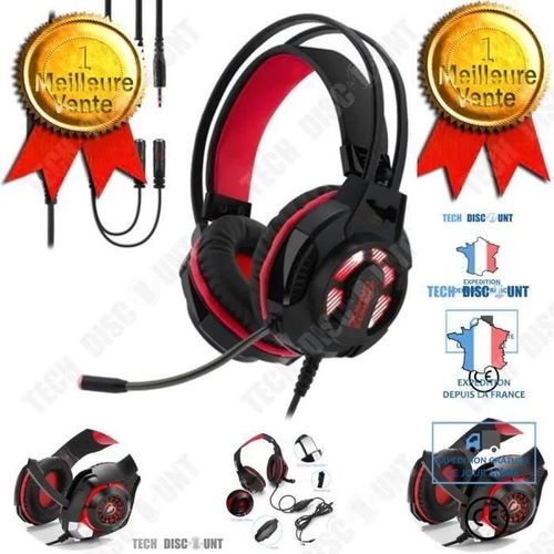 Casque Gaming Rouge couteurs pour Jeux / avec micro pour PC et Ordinateur Portable - LED lumineux Noir et Rouge Confortable